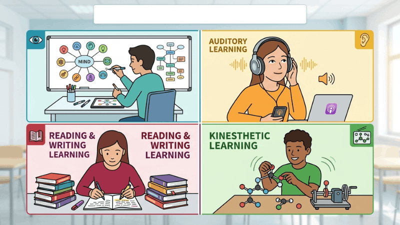 Students showing four learning styles: visual, auditory, reading/writing, and kinesthetic in a classroom infographic.