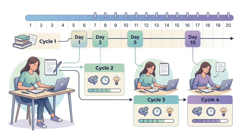 Study timeline showing spaced repetition with revision days.