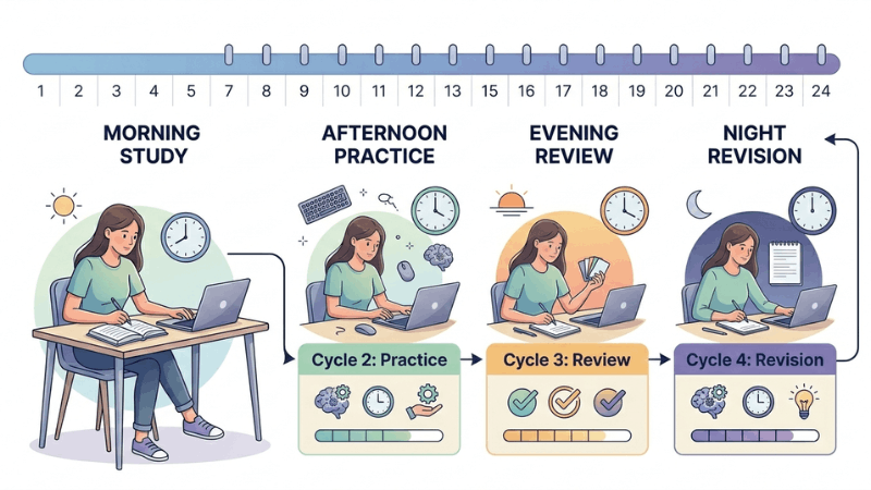 Daily study routine showing morning, afternoon, evening, and night schedule.