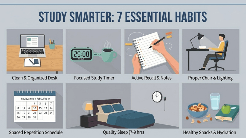 Infographic showing 7 proven ways to improve concentration and focus while studying for better learning results”