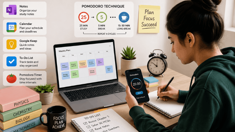 Student using productivity and study apps to improve focus and time management.