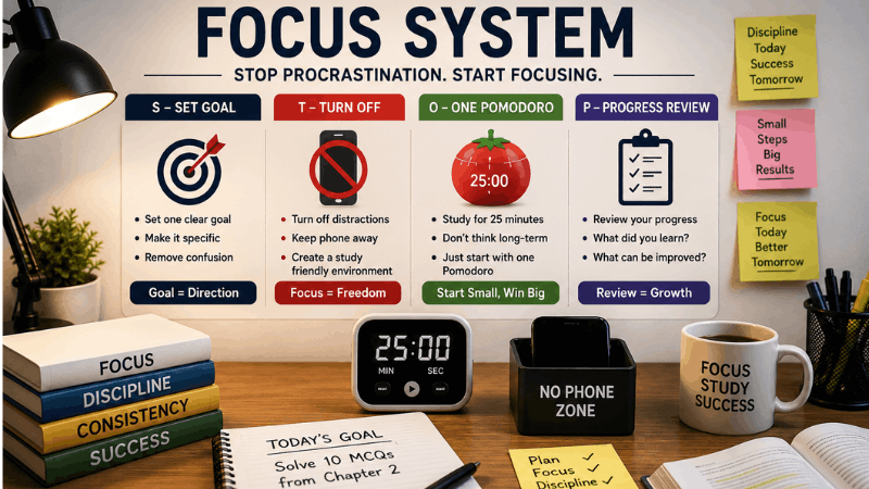 Focus System to beat procrastination (1) “Focus system for students using STOP framework and Pomodoro technique to stop procrastination, improve concentration, and boost study productivity”