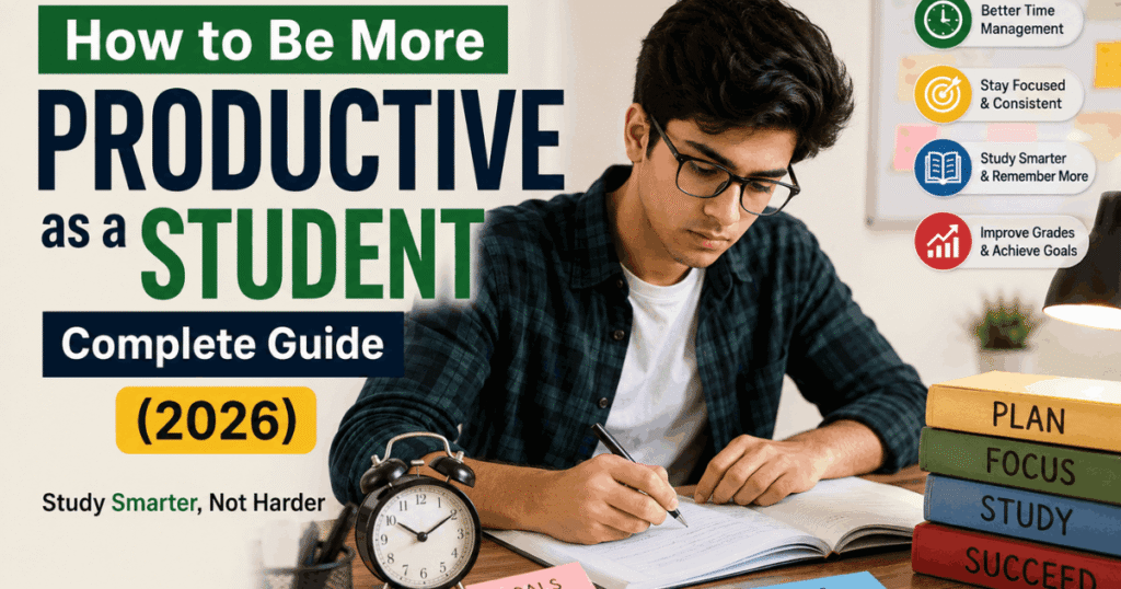 How to Be More Productive as a Student 2026 guide showing study routine, focus techniques and time management for students
