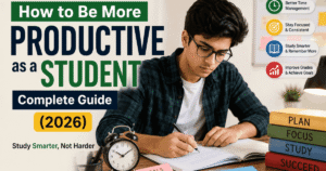 How to Be More Productive as a Student 2026 guide showing study routine, focus techniques and time management for students