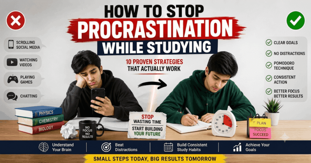 Student overcoming procrastination while studying using focus techniques, the Pomodoro method, and distraction-free study habits.