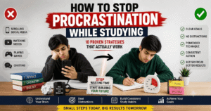 Student overcoming procrastination while studying using focus techniques, the Pomodoro method, and distraction-free study habits.