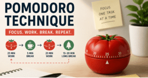 “Pomodoro Technique study method for students showing 25-minute focused work sessions with timer and short breaks to improve productivity and time management”