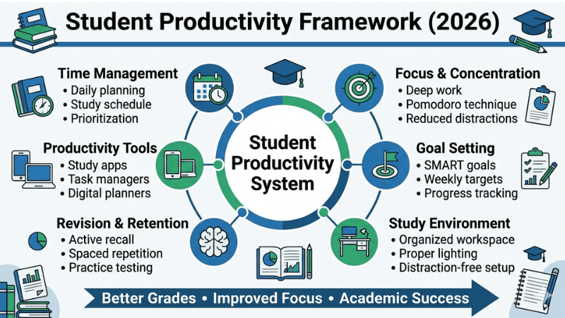 Student productivity framework infographic showing time management, focus, goal setting, study environment, revision techniques, and productivity tools for students