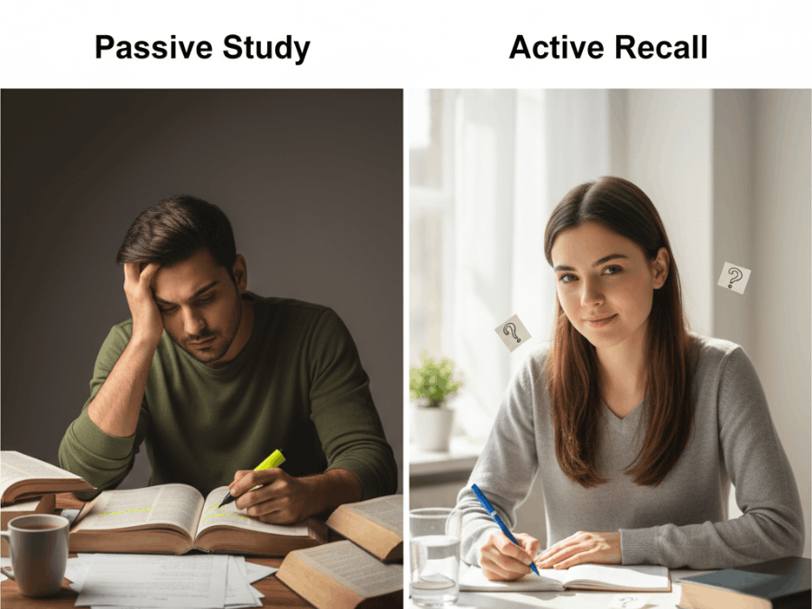 active-recall-study-method-vs-passive-study (1) “Active recall vs passive study method comparison for exam preparation.”