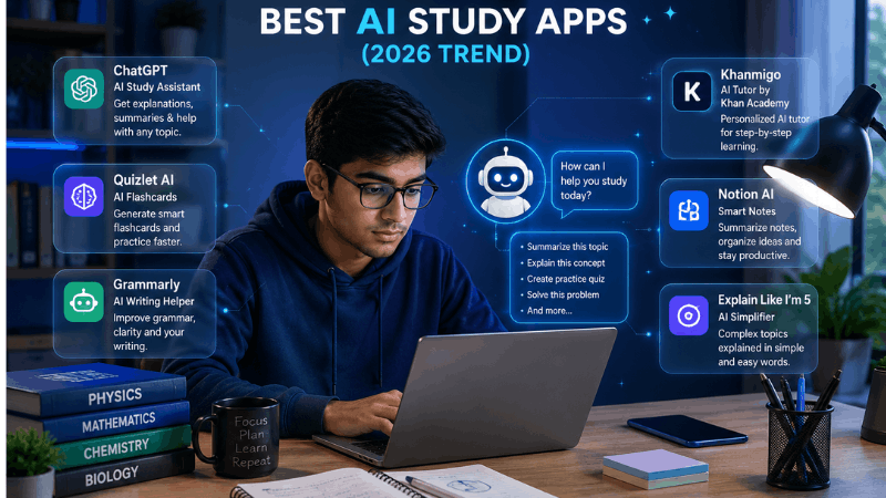 Student using AI study apps on a laptop to improve learning, productivity, and exam preparation 