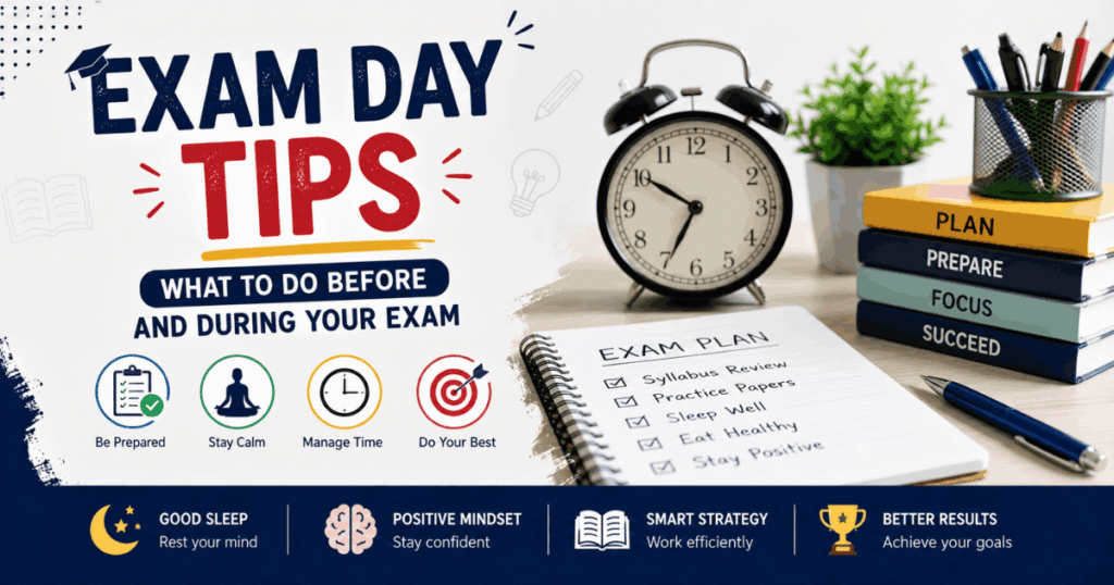 Student preparing for exam day with an exam checklist, alarm clock, study materials, and tips for staying calm and managing time before and during the exam.