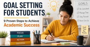 Student setting academic goals using a planner and checklist to stay organized, improve focus, and achieve study success.