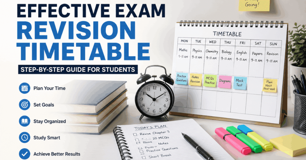 Student creating an effective exam revision timetable using a weekly study planner, calendar, and notes for organized exam preparation.