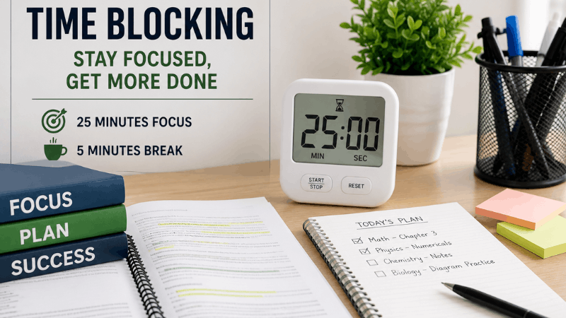 Time Blocking Study Method for Better Focus (1) Student using the time blocking method with a study planner and timer to stay focused and improve productivity.