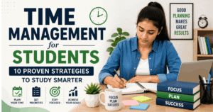 Student using time management strategies to study smarter with a planner, clock, and organized study desk.