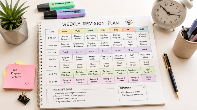 Weekly exam revision timetable with a structured study schedule, planner, and stationery for effective exam preparation.