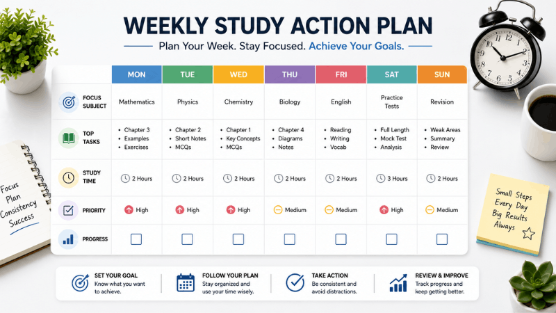Weekly study planner showing a step-by-step action plan to help students achieve their academic goals.