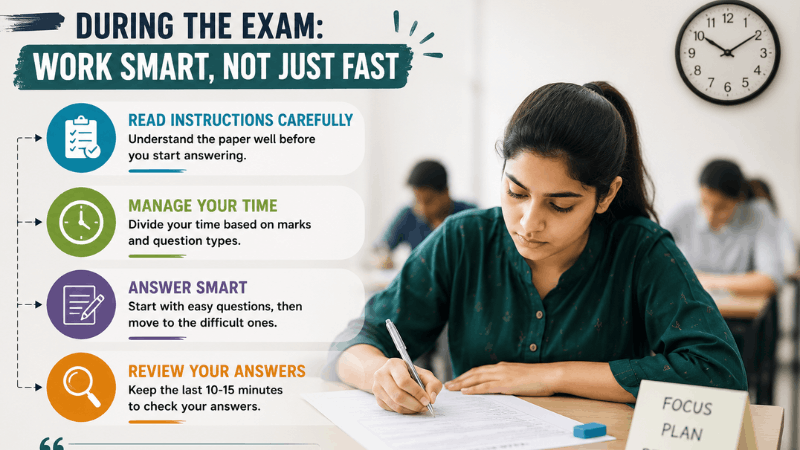 Work Smart During Your Exam – Time Management Tips for Students (1) Student writing an exam paper while using smart time management and focus strategies during the exam.