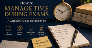 Student managing exam time with a clock, study planner, notebook, and books representing effective time management strategies for exams.