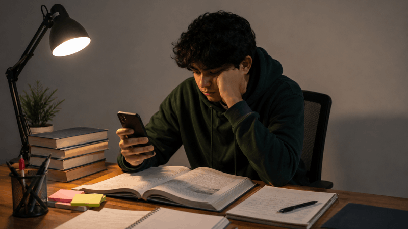 Student distracted by a smartphone instead of studying during exam preparation