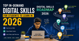 Top in-demand digital skills for students in 2026 including AI, data analysis, cybersecurity and web development