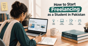 Student learning how to start freelancing with a laptop, portfolio, and client proposal