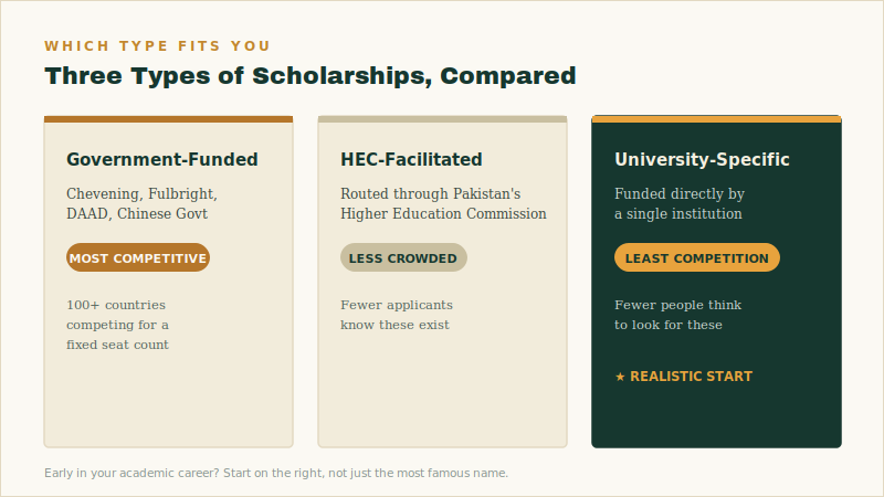 Comparison of three scholarship types for Pakistani students — government-funded scholarships like Chevening and Fulbright are most competitive, HEC-facilitated scholarships are less crowded, and university-specific scholarships have the least competition