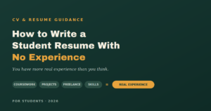 Featured image showing four building blocks — coursework, projects, freelance work, and skills — equaling real experience, for a guide on writing a student resume with no experience