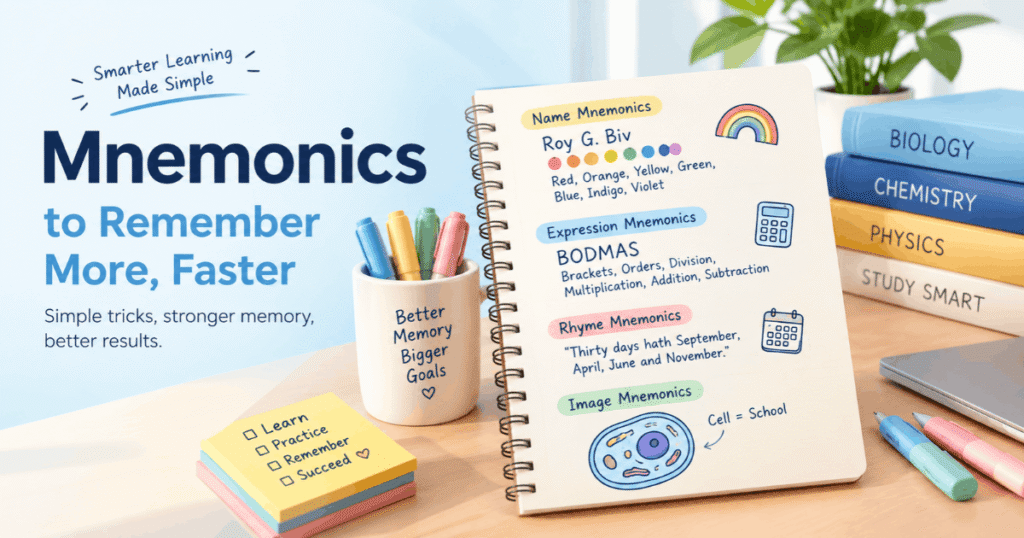 Mnemonics examples for students with memory tricks like Roy G. Biv, BODMAS, rhymes, and visual learning techniques