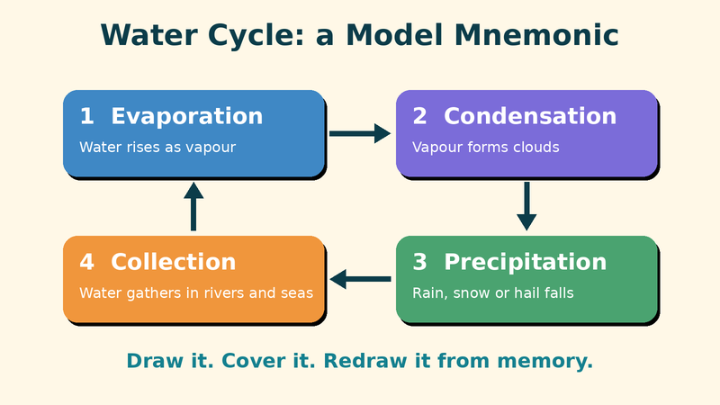 Model mnemonic showing the water cycle stages: evaporation, condensation, precipitation, and collection.